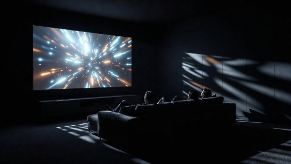Living room setting with cinema lighting casting dramatic shadows behind furniture